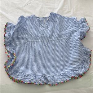 Mini Boden Striped Blue Beach Cover Up with Colorful Pom Trim